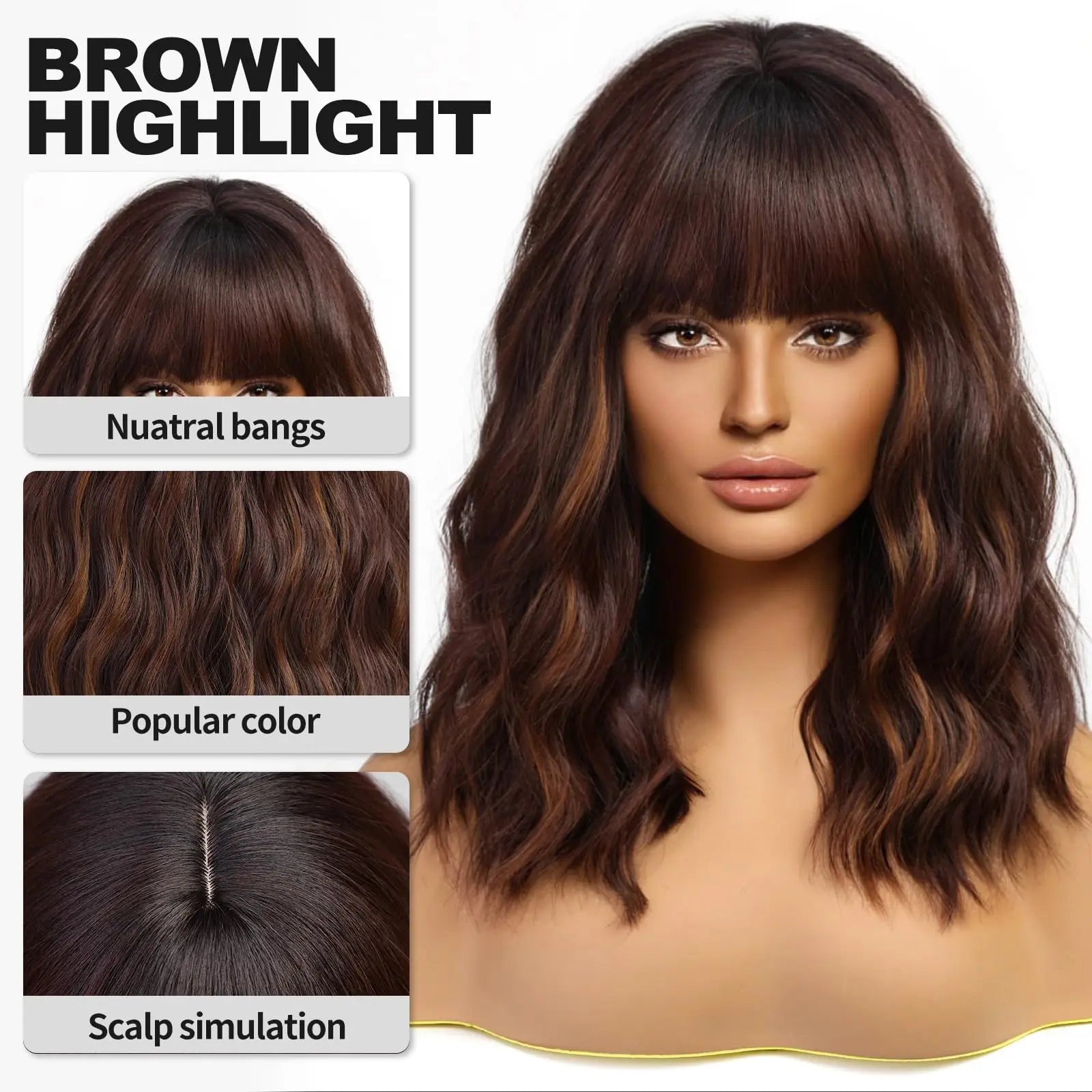 Short Brown Highlight Wigs With Bangs Natural Wavy Hair Style Wigs For White Women Heat Resistant Synthetic Bob Wig Shoulder Length