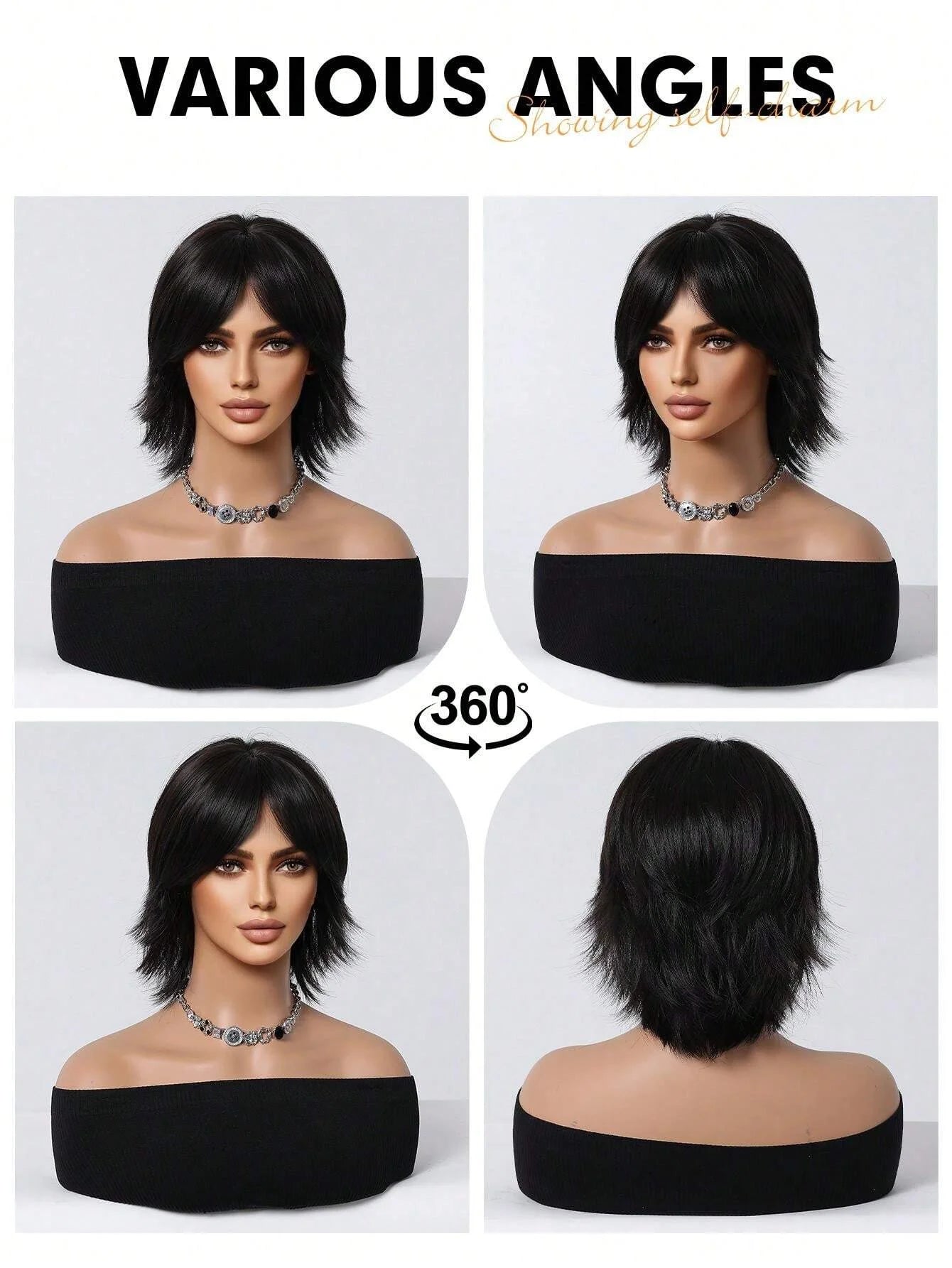 12 inch short salmon head wig with bangs, women's short straight black synthetic wigs, party daily use elf cut short wigs for Women of Wigs Extension and Accessories