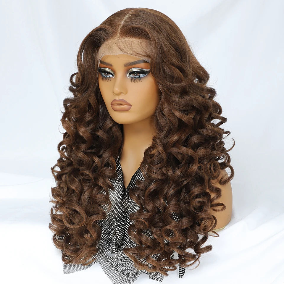 Latisha HD Synthetic Lace Front Wigs Curly Pre Plucked Lace Frontal Wig with Bangs for Women Highlight with Babyhair 24Inch Wigs