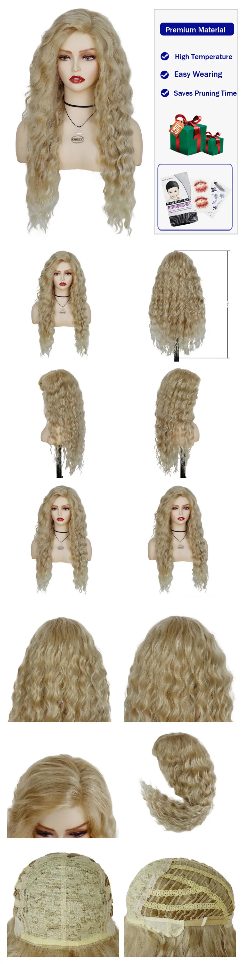 Womens Wig Long Synthetic Hair Ombre Blonde Curly Hair Wigs Female Natural Wavy Drag Queen Regular Wig 80s Gradient Hair Style Wigs for Student