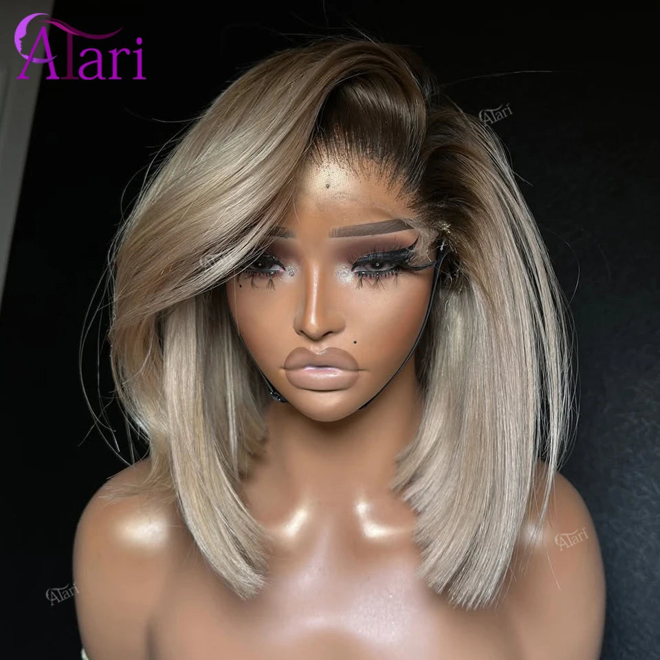 Ash Blonde with Brown Roots Short Bob Wig Transparent 13x4 Full Lace Frontal Human Hair Wigs Straight Bob Wig Pre Plucked for Women Hair Style