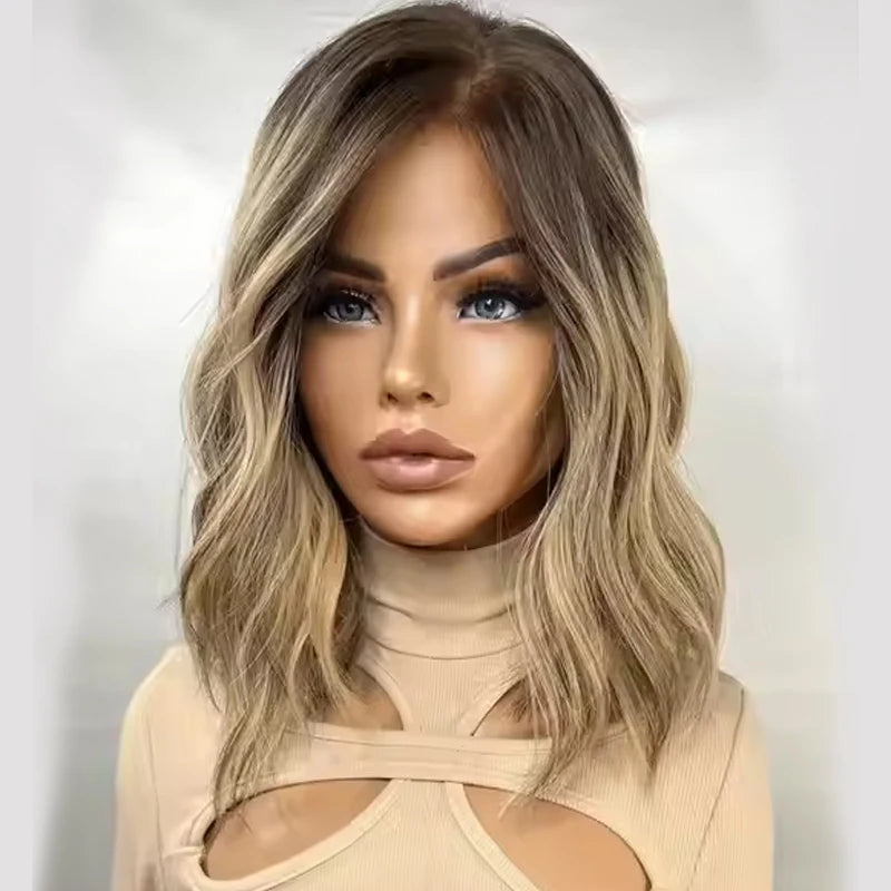 Authentic European Blonde Synthetic Wigs Brown Root short Hair Style Wig Jewish Hair 13x4 Lace Front Wig For Women Daily Party Use