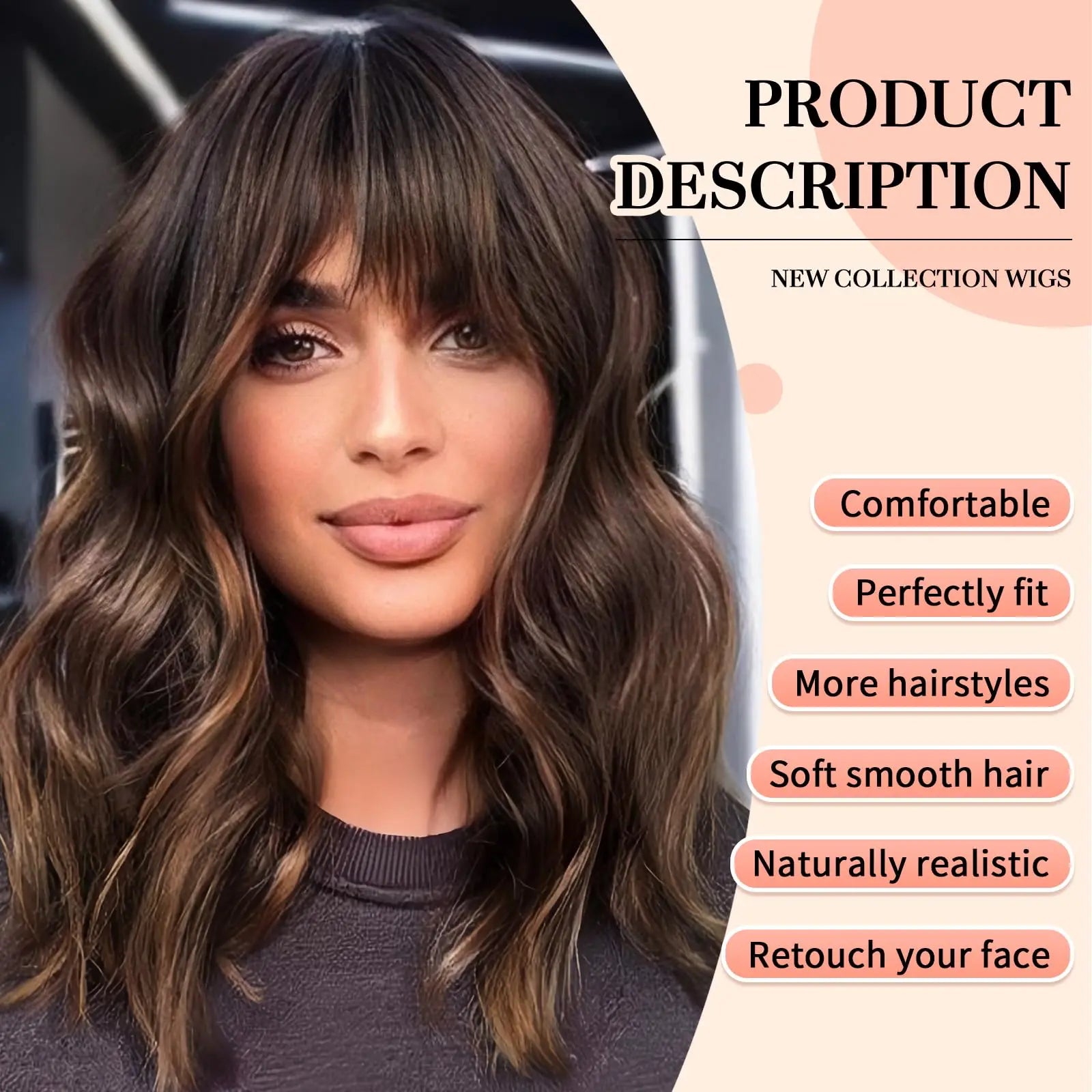 Short Brown Highlight Wigs With Bangs Natural Wavy Hair Style Wigs For White Women Heat Resistant Synthetic Bob Wig Shoulder Length