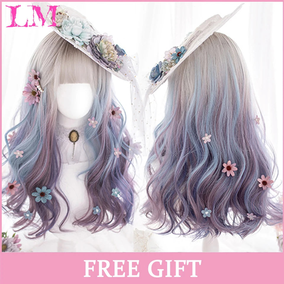 LM Cosplay Wig With Bangs Synthetic Straight Hair Wigs 24 Inch Long Heat-Resistant Pink Hair Style For Women