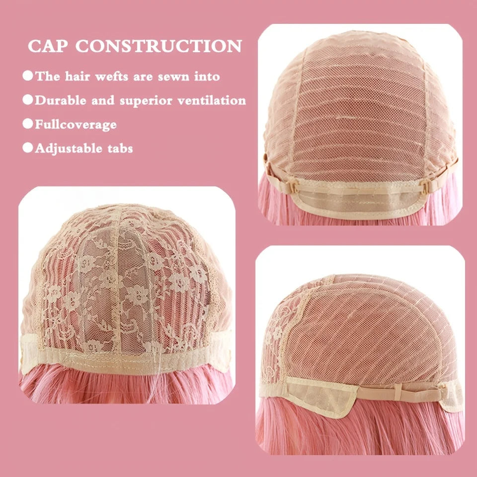 LM Cosplay Wig With Bangs Synthetic Straight Hair Wigs 24 Inch Long Heat-Resistant Pink Hair Style For Women