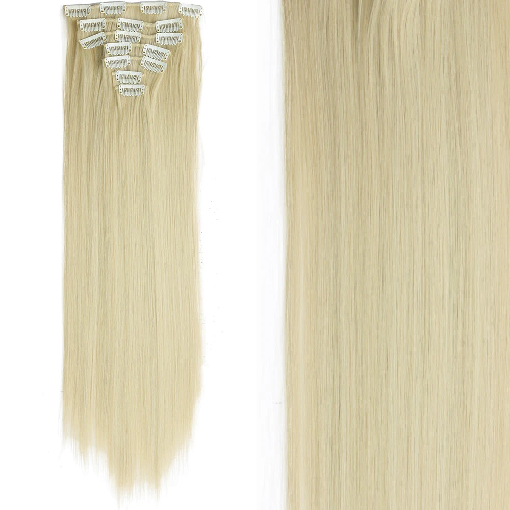 7Pcs/Set 16 Clips Wig Hair Accessories Extension Black Long Straight Natural Hair Wigs Ombre Hairpiece Heat Resistant Fiber For Women Hair Style