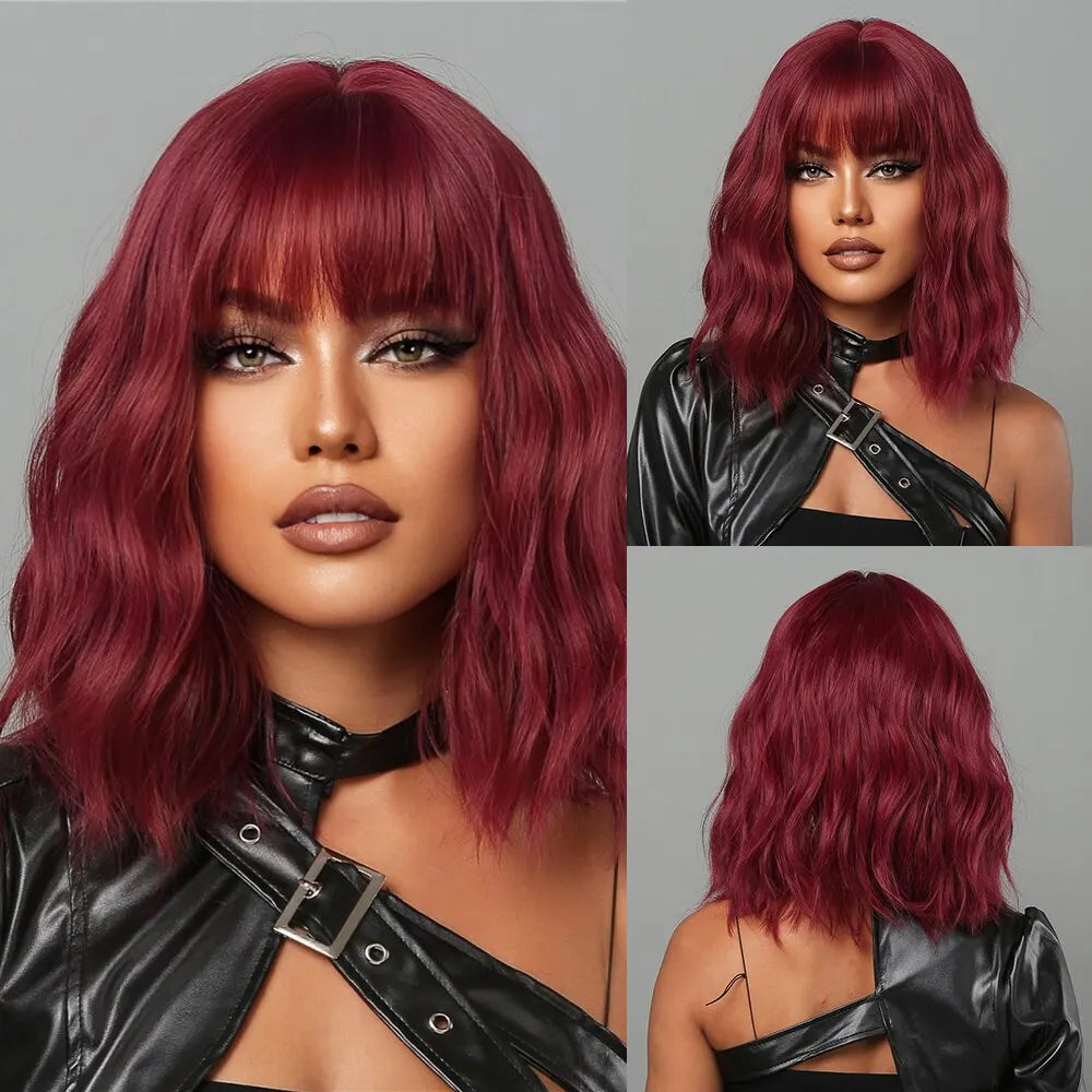 Women Grey Wavy Bob Wigs with Bangs Short Blonde Ombre Synthetic Hair Wigs With with Dark Roots Natural Hair Style for Women Daily Use