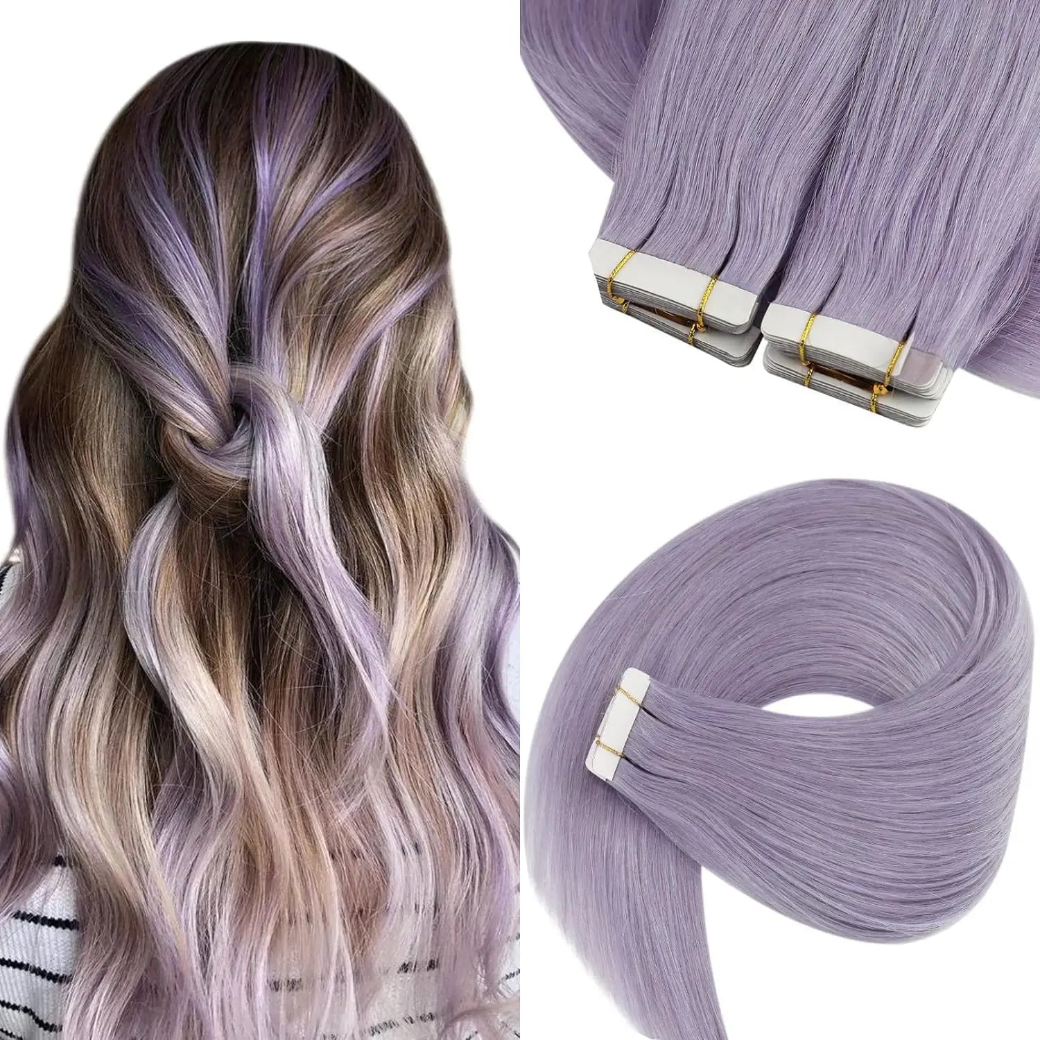 [NEW]VeSunny Tape In Hair Extensions and Accessories Human Hair Wigs Real Natural Hair Balayage Color #4-14-60 Skin Weft Straight Seamless Wig