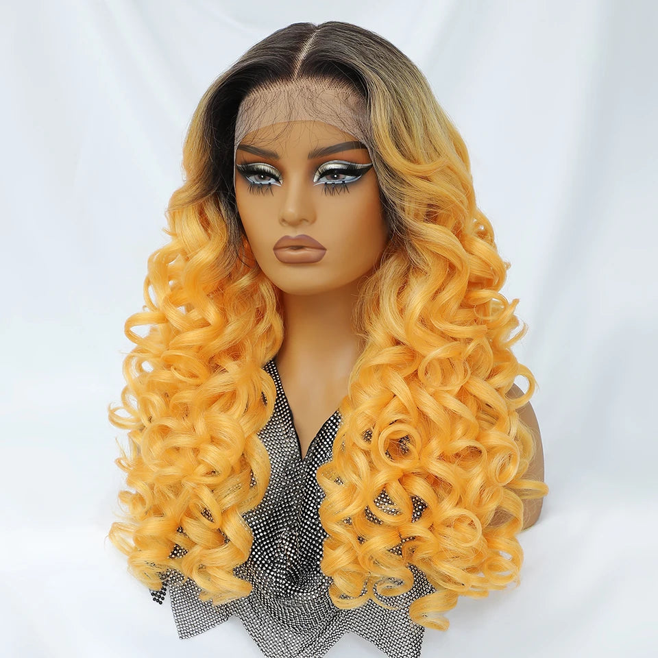 Latisha HD Synthetic Lace Front Wigs Curly Pre Plucked Lace Frontal Wig with Bangs for Women Highlight with Babyhair 24Inch Wigs