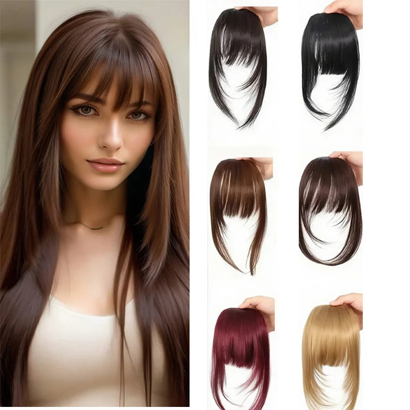 Synthetic Wigs Hair Clip-In Bangs Cut Wispy Fringe with Sideburns Dark Brown Natural Look for Women Wig Daily Party Wear