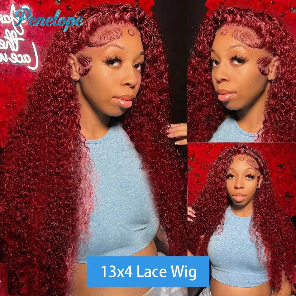 200% Density 99J 13x4 HD Lace Front Human Hair Style Wigs Burgundy 30 40 Inch Deep Wave Curly Glueless Lace Frontal Closure Wig