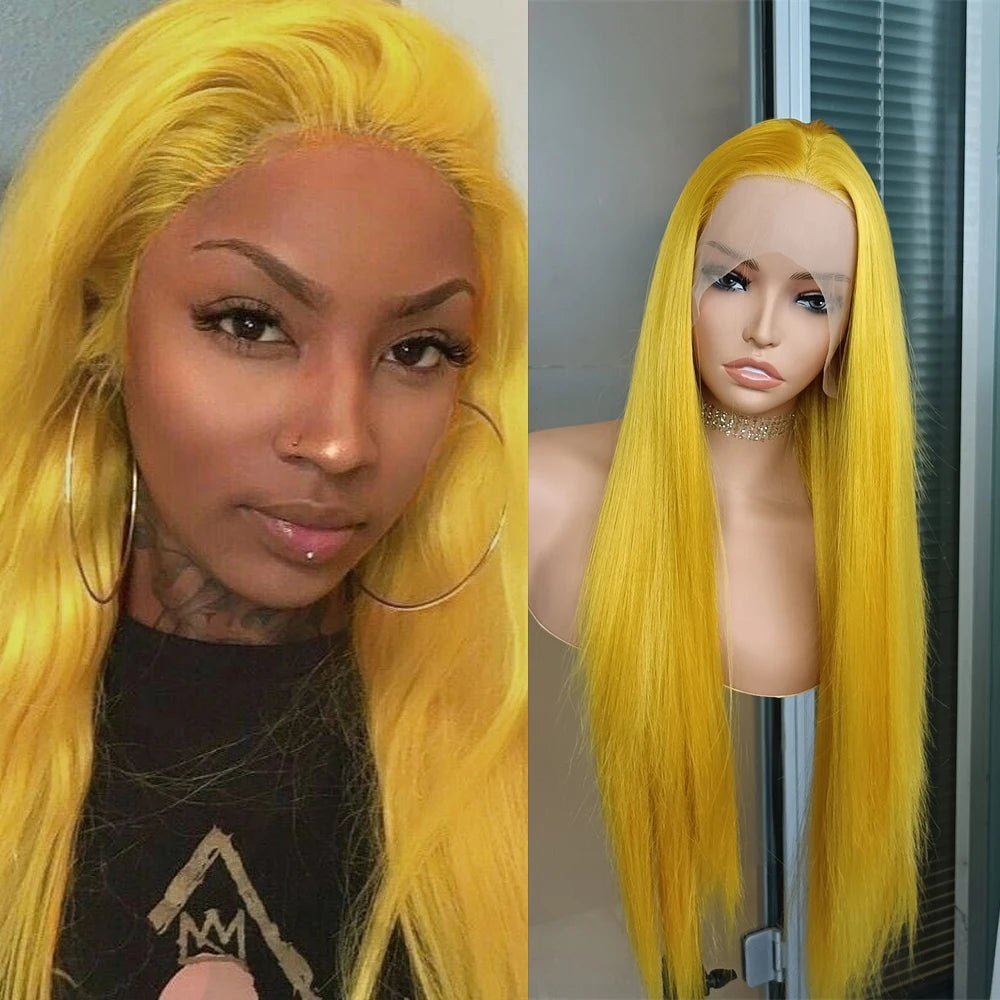 Ginger Yellow Wig Synthetic Lace Front Hair Wigs Straight Lace Wigs For Women Glueless Ready to Wear Synthetic Hair Lace Cosplay Wig