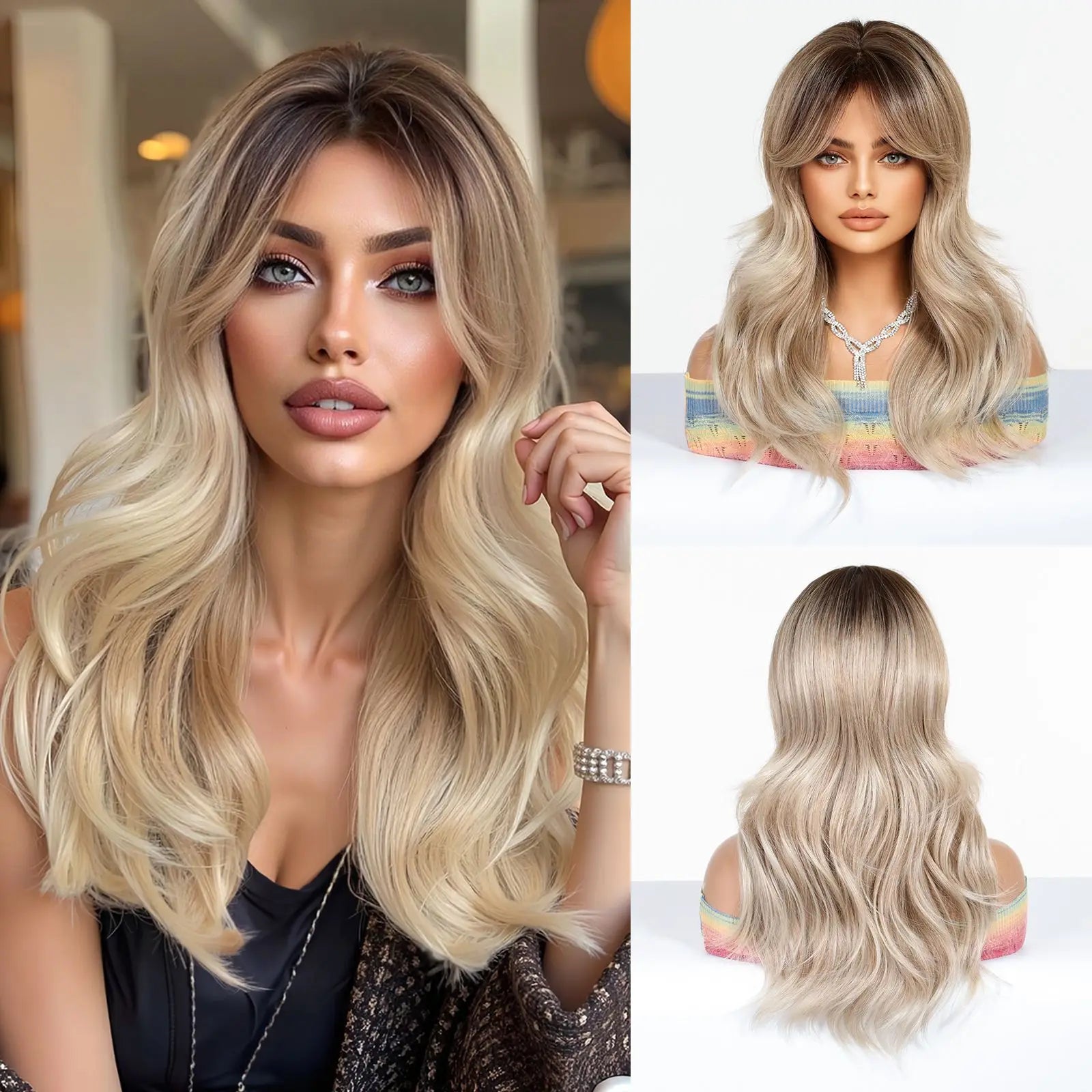 Golden Blonde Mixed Synthetic Wig Dark Root Wavy Hair With Side Bangs for Women Daily Party Cosplay wig Heat Resistant Fiber