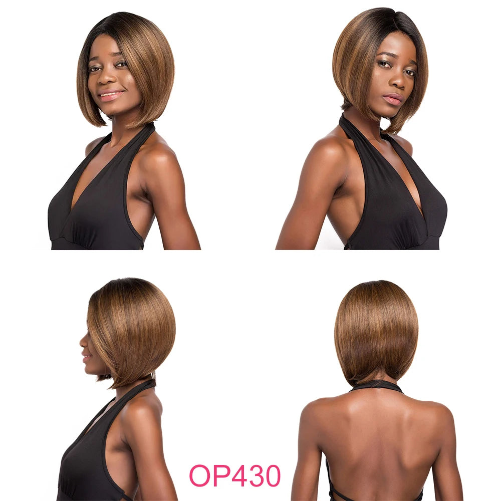 Ombre Bob Wig With Dark Roots Pre Plucked Straight Synthetic Hair Wigs Left Side Part Short Bob For Black Women