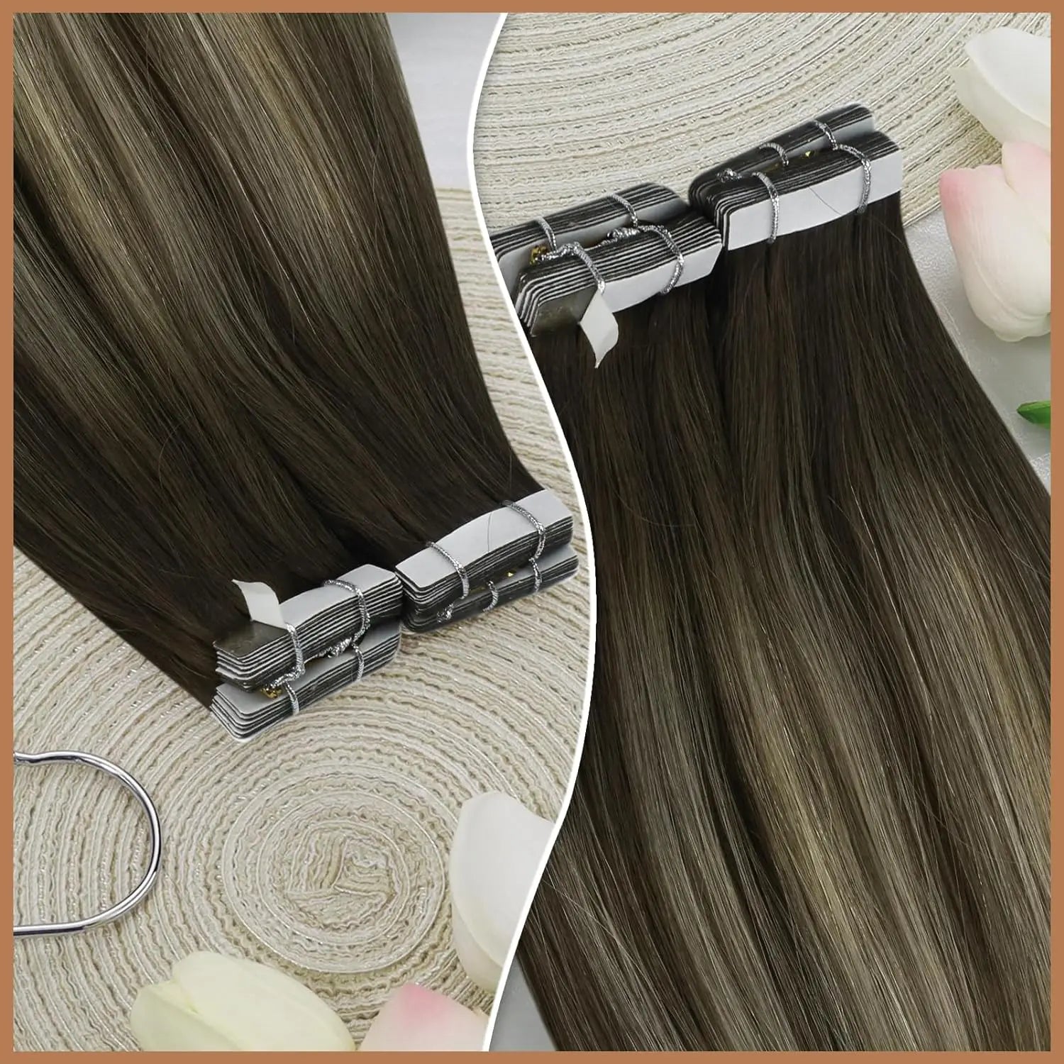 [NEW]VeSunny Tape In Hair Extensions and Accessories Human Hair Wigs Real Natural Hair Balayage Color #4-14-60 Skin Weft Straight Seamless Wig