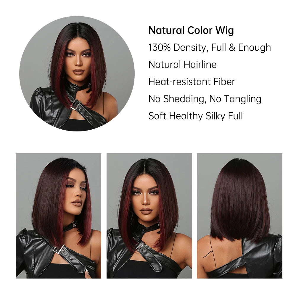 Medium Length Chestnut Brown Synthetic Wigs Hair Middle Part Wine Red Highlights Straight Wig Heat Resistant for Women Party Cosplay