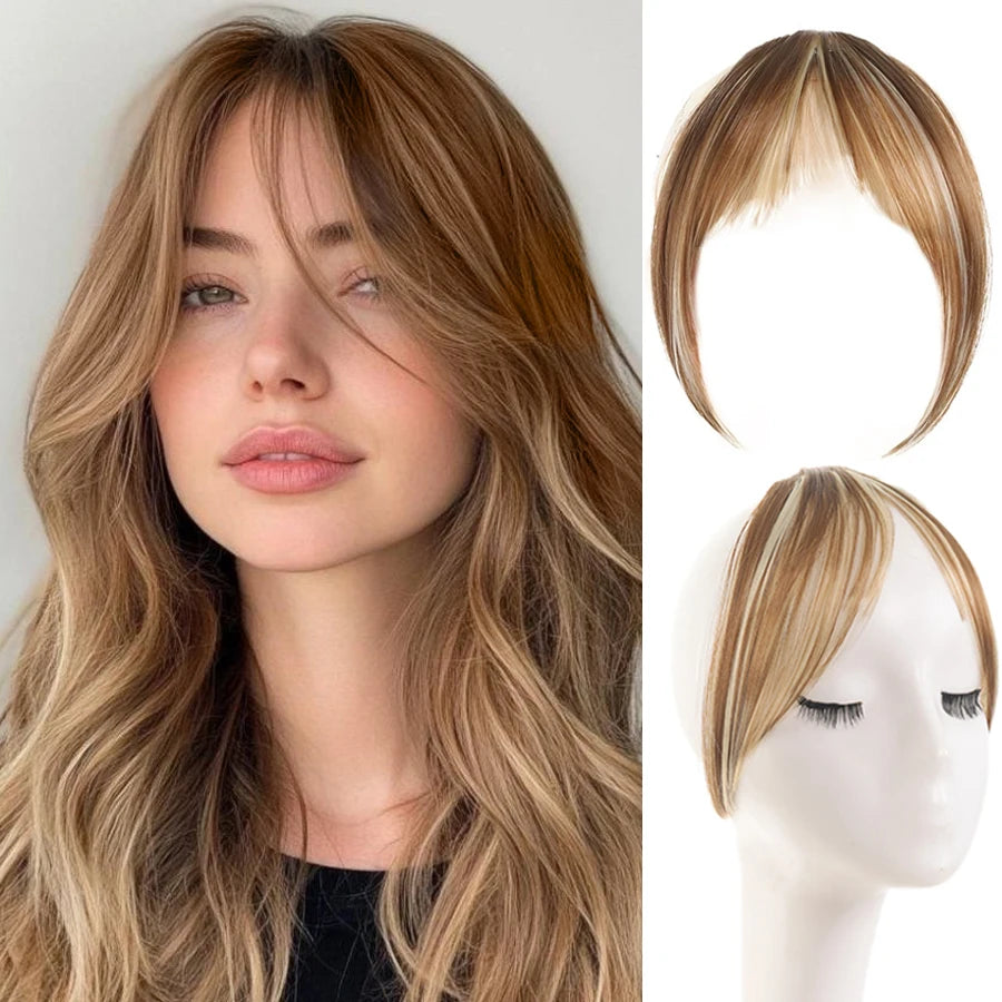 Synthetic Clip in Wigs Hair Bangs Wig Wispy Side-swept Bangs Hair Clip Fake Bang Fringe with Temples Hairpiece for Women Wig Daily Use