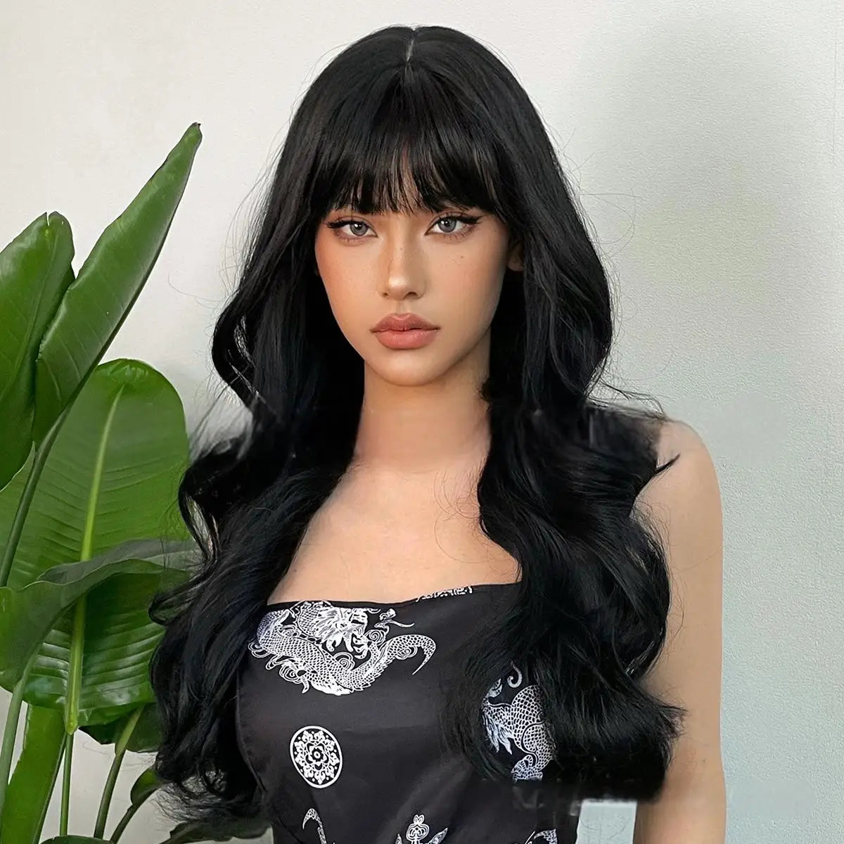 New wine red synthetic wig with bangs big waves long curly hair daily holiday wigs high temperature silk full head cover