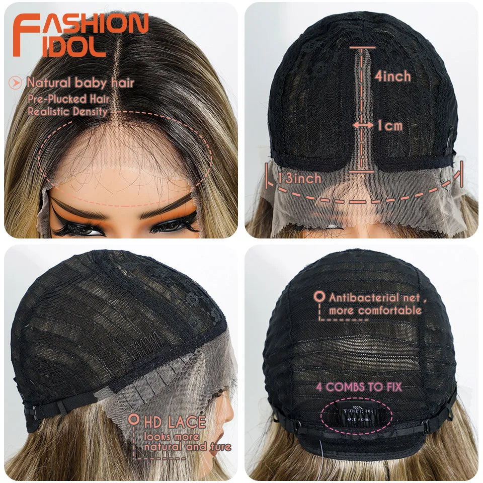 FASHION IDOL 24 Inch Long Loose Body Wavy Lace Front Wigs For Women Hair Style Pre-Cut Pre Plucked Lace Hair Wigs Ombre Blonde White Cosplay Wig
