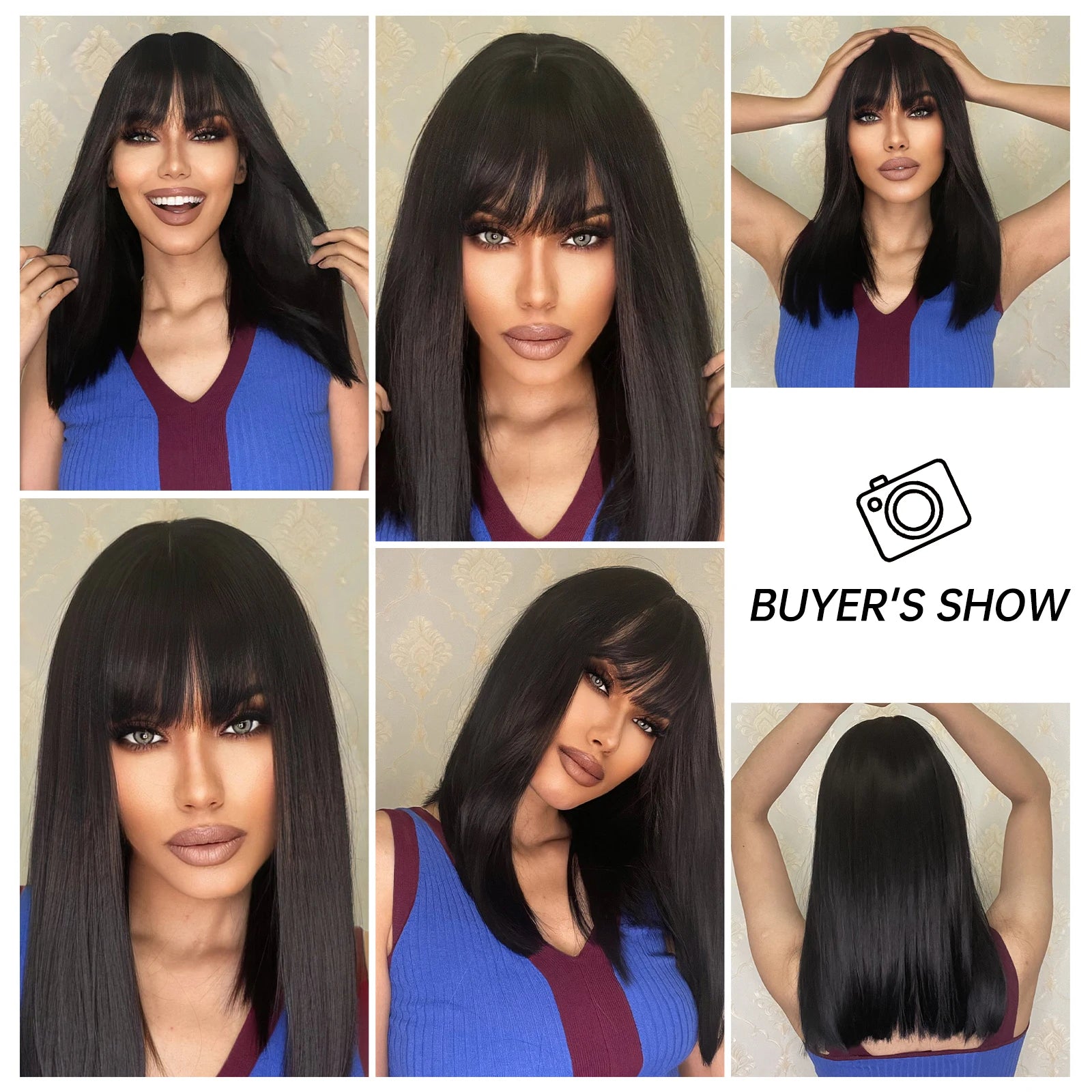 Straight Black Bob Synthetic Wig with Bangs Medium Long Cosplay Layered Hair Wigs for Woman Natural Hair Daily Wigs Hair Style Heat Resistant