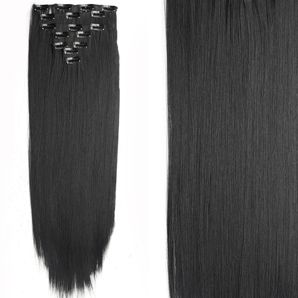 7Pcs/Set 16 Clips Wig Hair Accessories Extension Black Long Straight Natural Hair Wigs Ombre Hairpiece Heat Resistant Fiber For Women Hair Style