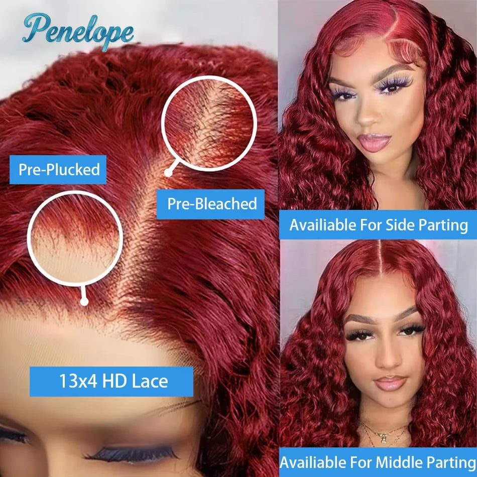 200% Density 99J 13x4 HD Lace Front Human Hair Style Wigs Burgundy 30 40 Inch Deep Wave Curly Glueless Lace Frontal Closure Wig