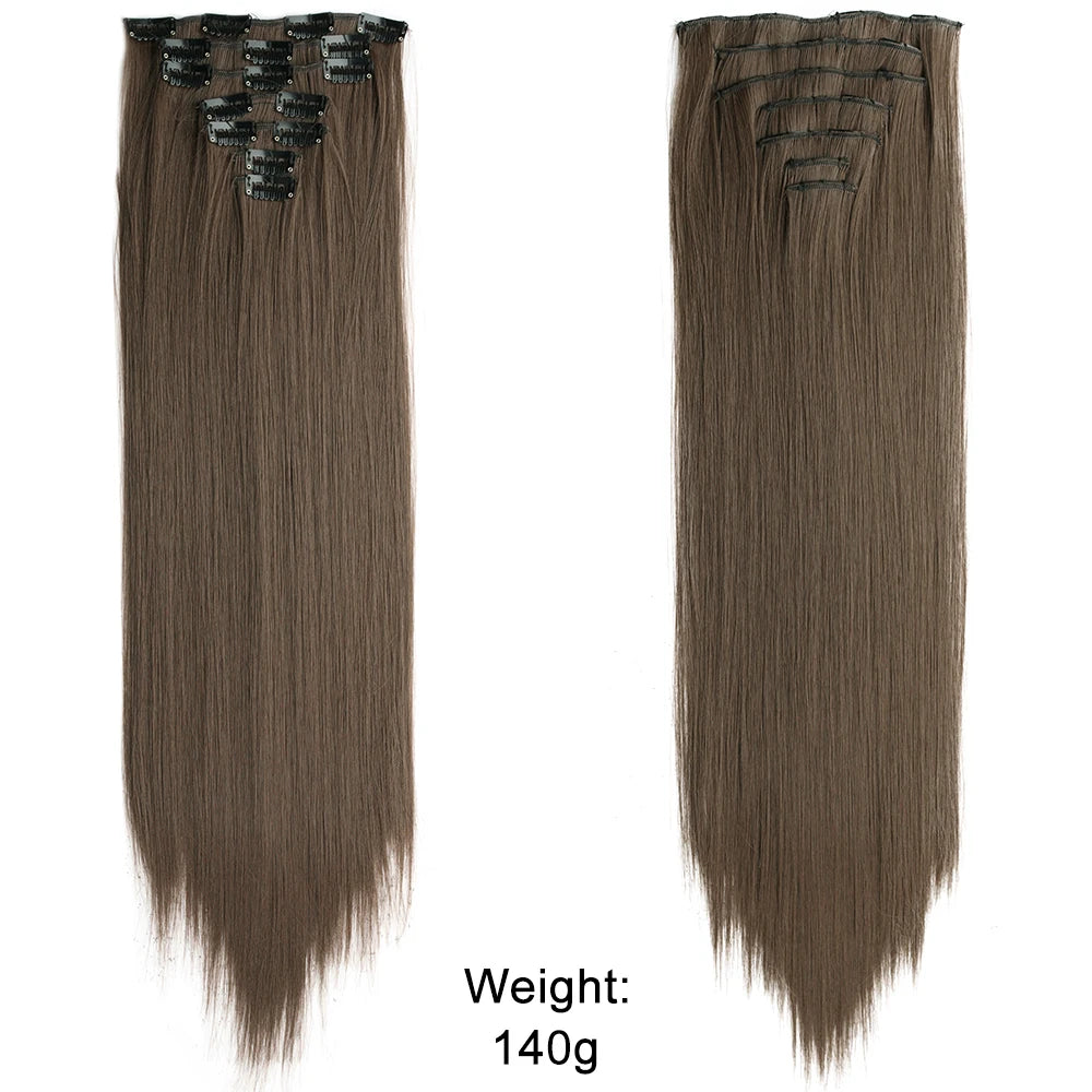 7Pcs/Set 16 Clips Wig Hair Accessories Extension Black Long Straight Natural Hair Wigs Ombre Hairpiece Heat Resistant Fiber For Women Hair Style