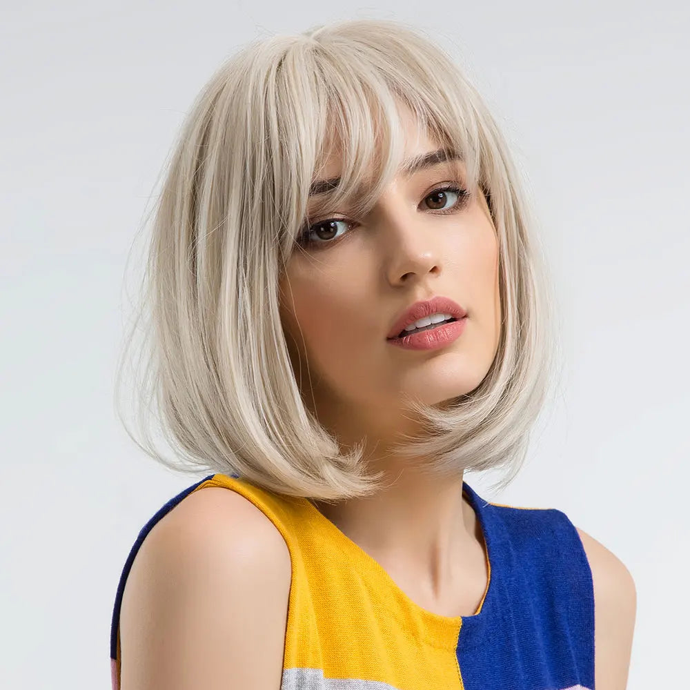 Short Bob Platinum Blonde Wig with Bangs Synthetic Natural Straight Blonde Hair Wigs for White Women Party Daily Heat Resistant Hair Style