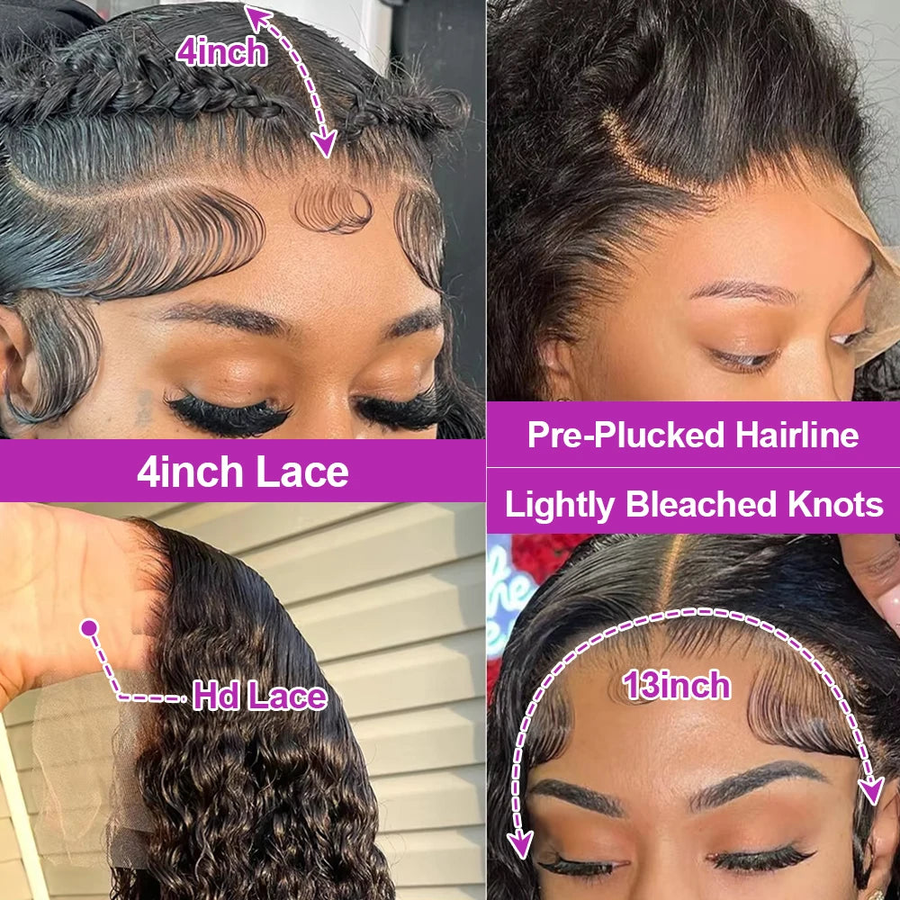 Transparent 250% Density Water Culry 360 Full Lace Frontal Wig Human Hair 40Inch Deep Wave 13x4 13x6 Hd Lace Front Wigs For Women