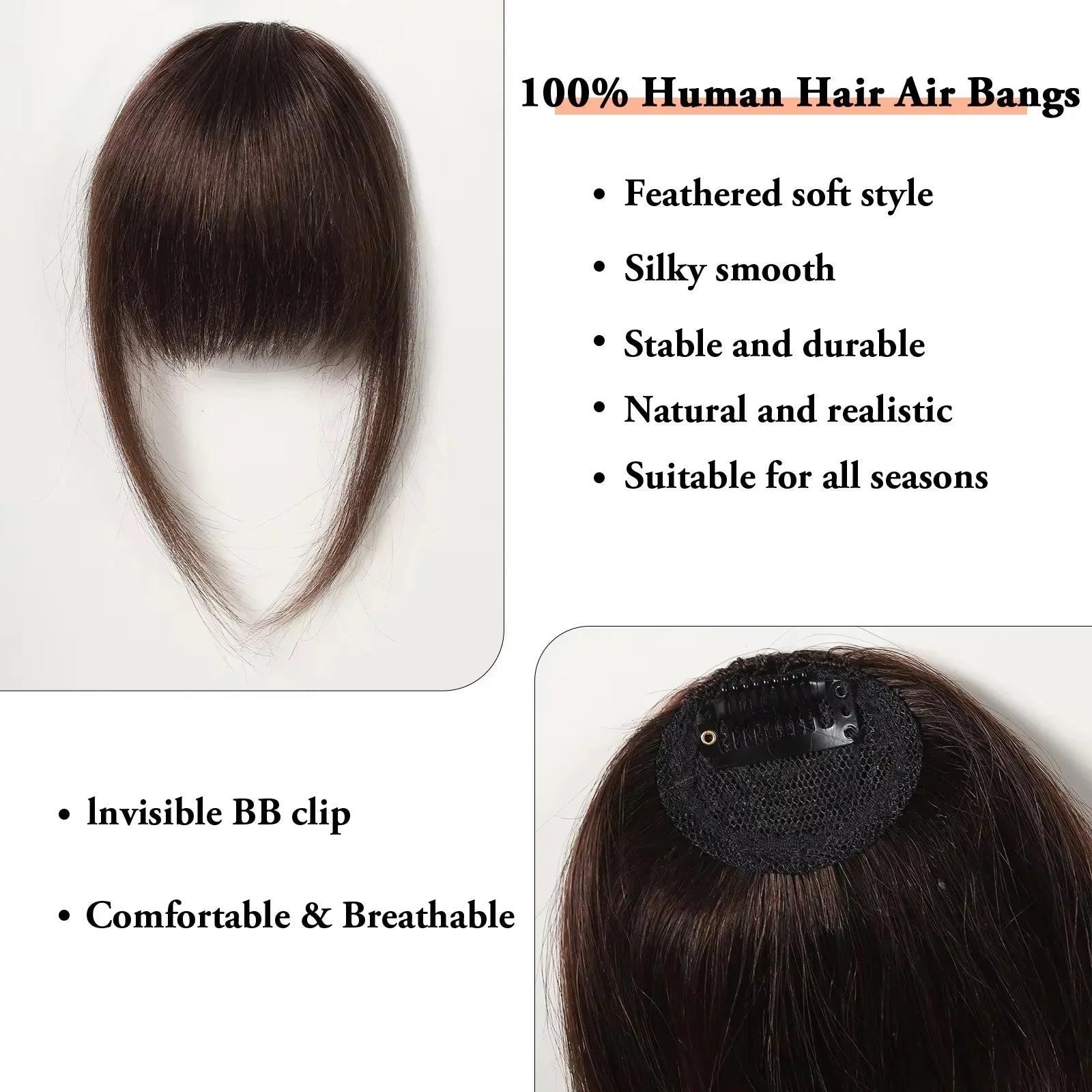 100% Human Hair Bangs Natural Brown Wispy Bang Wigs Hair Clip in Bangs Fringe with Temples Hairpiece for Women  Clip on Air Bang 4.5in Wigs Accessories