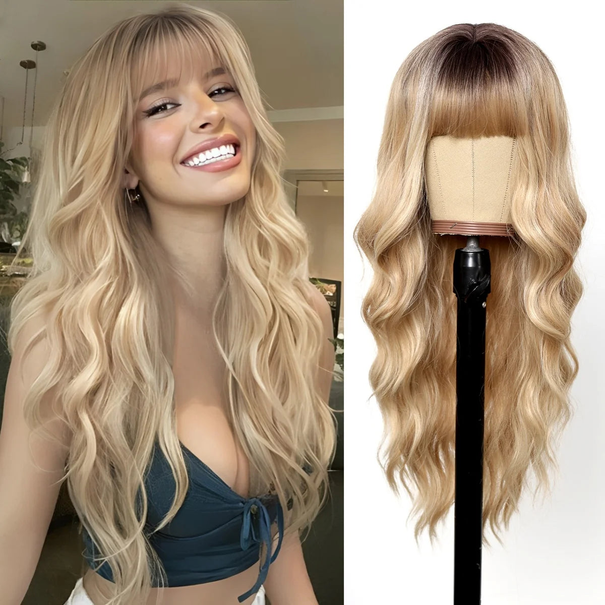 28 Inch Long Curly Wig With Bangs Ombre Brown Hair Style Wigs For Women Highlight Blonde Synthetic Wig For Daily Party Heat Resistant