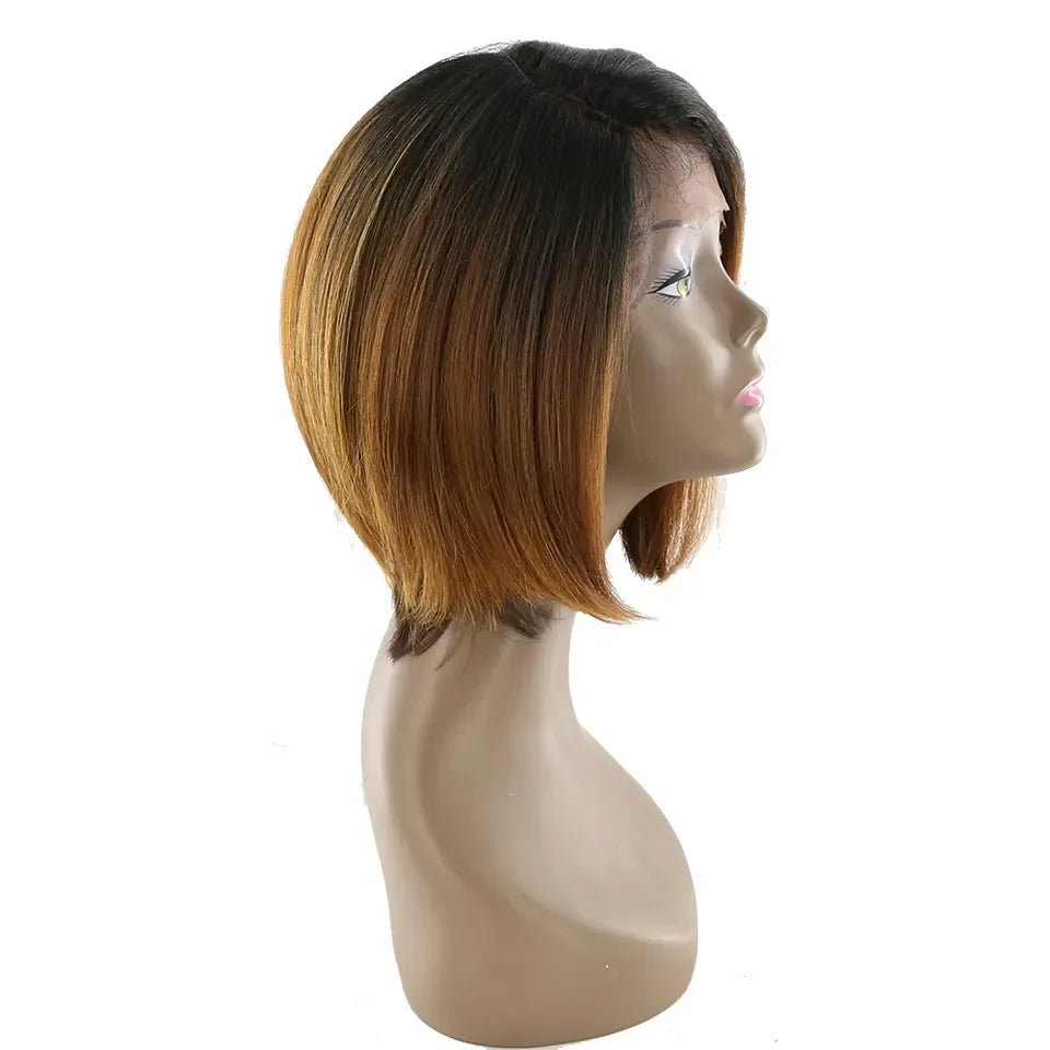 Ombre Bob Wig With Dark Roots Pre Plucked Straight Synthetic Hair Wigs Left Side Part Short Bob For Black Women