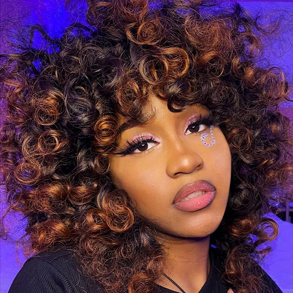 Short Hair Afro Curly Wig Natural Blonde Hair Wigs with Bangs Fluffy Synthetic Ombre Cosplay Lolita Wigs For Black Women