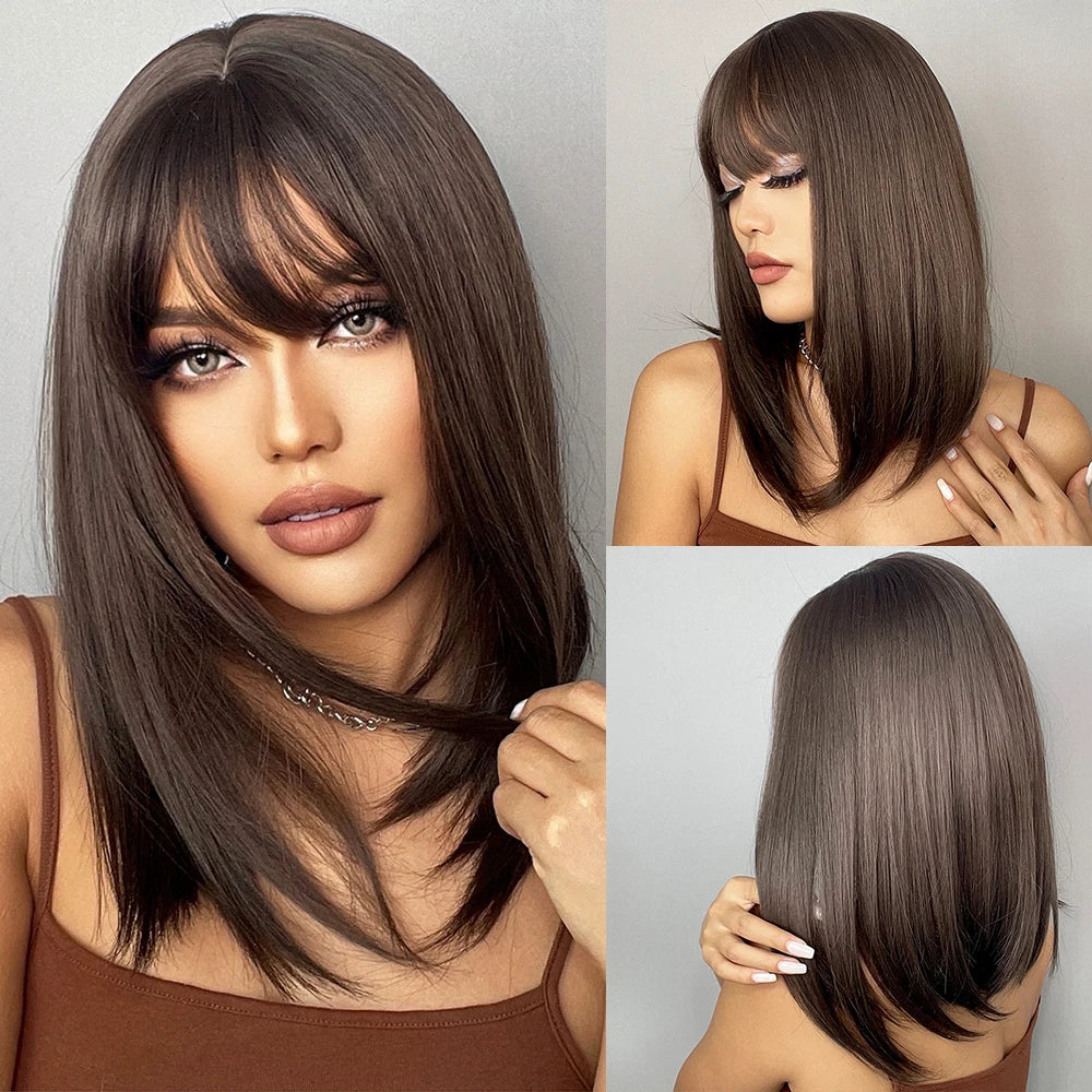 ALAN EATON Layered Synthetic Wig with Bangs Straight Short Highlights Blonde Hair Wigs with for Women Daily Use
