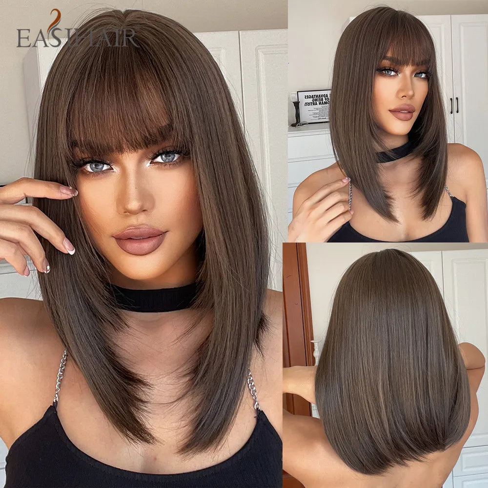 EASIHAIR Synthetic Bob Wig with Bang Short Straight Light Blonde Beige Natural Wigs Hair for Women Daily Cosplay Heat Resistant
