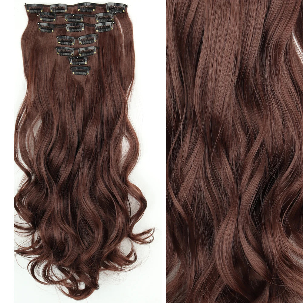 7Pcs/Set 16 Clips Wig Hair Accessories Extension Black Long Straight Natural Hair Wigs Ombre Hairpiece Heat Resistant Fiber For Women Hair Style