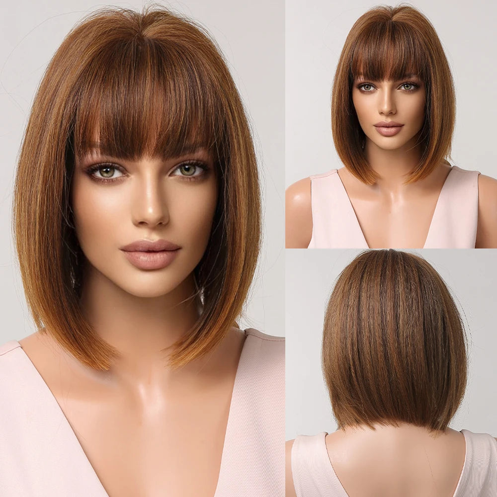 Short Straight Bob Synthetic Wigs Pink Natural Hair Wig with Bangs for Women Cosplay Cute Hair Style Heat Resistant Fiber