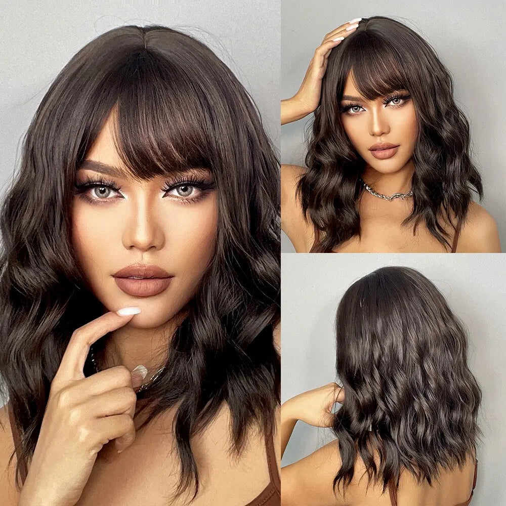 Women Grey Wavy Bob Wigs with Bangs Short Blonde Ombre Synthetic Hair Wigs With with Dark Roots Natural Hair Style for Women Daily Use