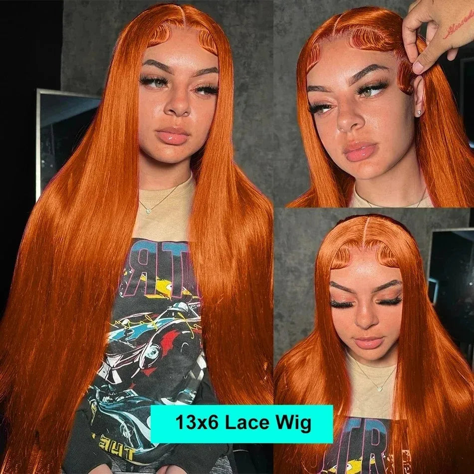 Ginger Orange Straight 13X6 Hd Lace Front Human Hair Wig 100% 220 Density 36 Inch Wigs #350 Colored Pre Plucked Brazilian Wigs