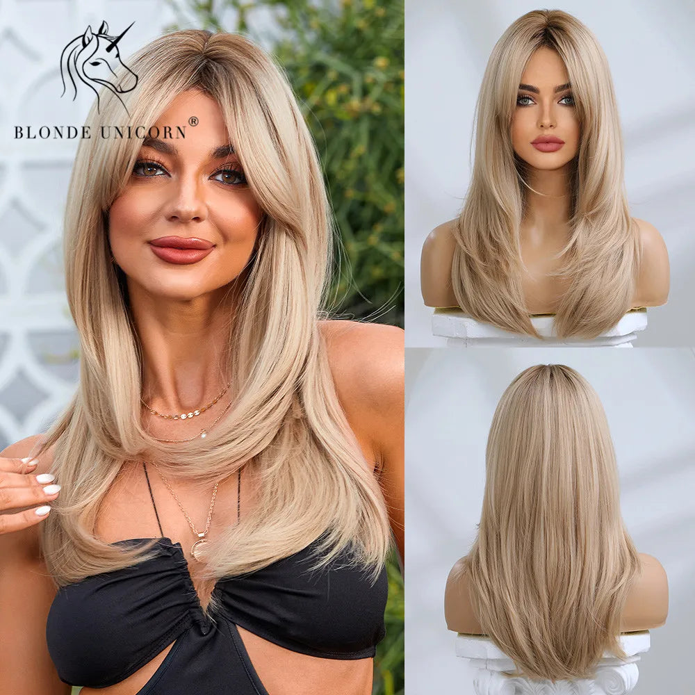 Blonde Unicorn Synthetic Medium Long Straight Brown Blonde Wig For Women Cosplay Daily Party Wigs Heat Resistant False Hair Style
