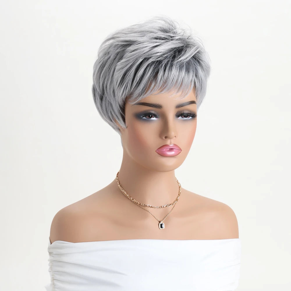 Short Natural Wigs with Bangs Soft Mommy Hair Daily Use Short  Grey Ombre Curly Synthetic Hair Costume Party Wig for Women