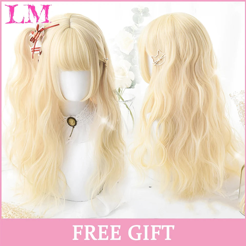 LM Cosplay Wig With Bangs Synthetic Straight Hair Wigs 24 Inch Long Heat-Resistant Pink Hair Style For Women