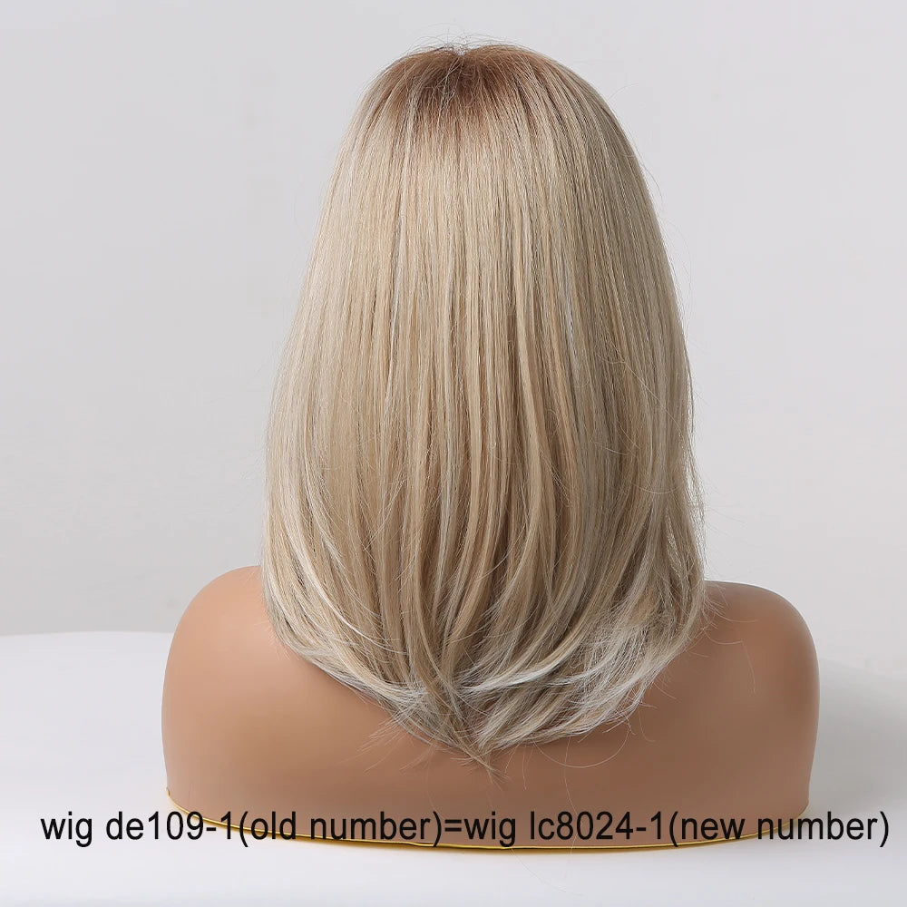 ALAN EATON Layered Synthetic Wig with Bangs Straight Short Highlights Blonde Hair Wigs with for Women Daily Use