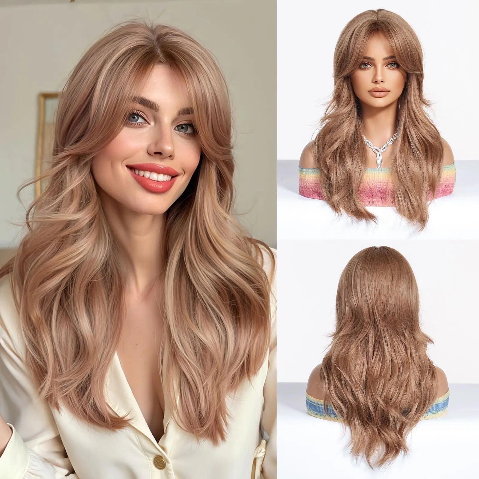 Golden Blonde Mixed Synthetic Wig Dark Root Wavy Hair With Side Bangs for Women Daily Party Cosplay wig Heat Resistant Fiber
