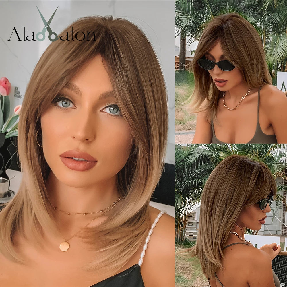 ALAN EATON Layered Synthetic Wig with Bangs Straight Short Highlights Blonde Hair Wigs with for Women Daily Use