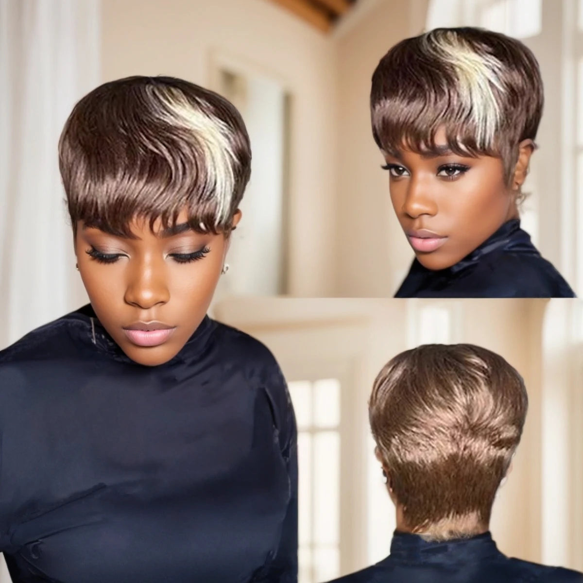 WIGERA Highlight Synthetic Hair Wigs Short Straight  Pixie Cut Hair Bob Wig Honey Gold Mix Black For Woman Daily Use