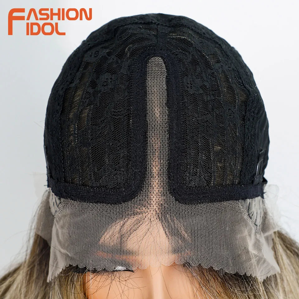 FASHION IDOL 24 Inch Long Loose Body Wavy Lace Front Wigs For Women Hair Style Pre-Cut Pre Plucked Lace Hair Wigs Ombre Blonde White Cosplay Wig