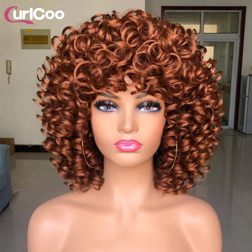 Short Hair Afro Curly Wig Natural Blonde Hair Wigs with Bangs Fluffy Synthetic Ombre Cosplay Lolita Wigs For Black Women