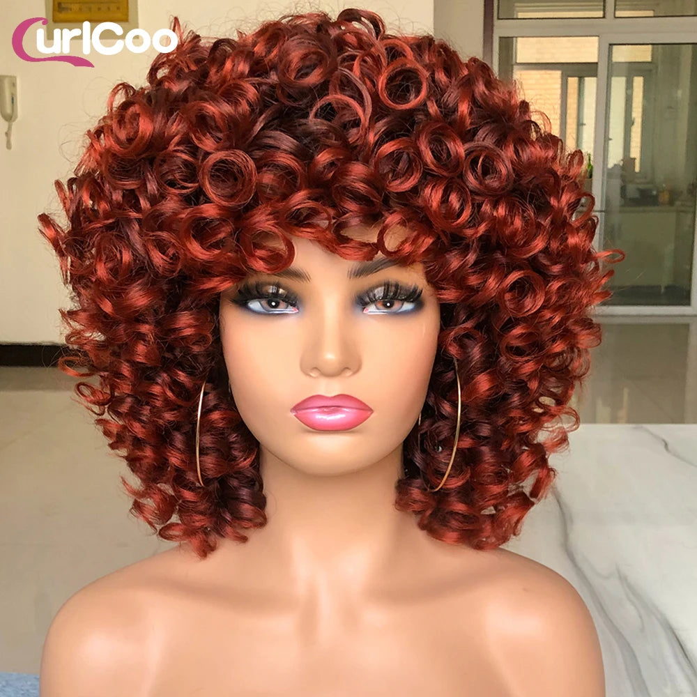 Short Hair Afro Curly Wig Natural Blonde Hair Wigs with Bangs Fluffy Synthetic Ombre Cosplay Lolita Wigs For Black Women