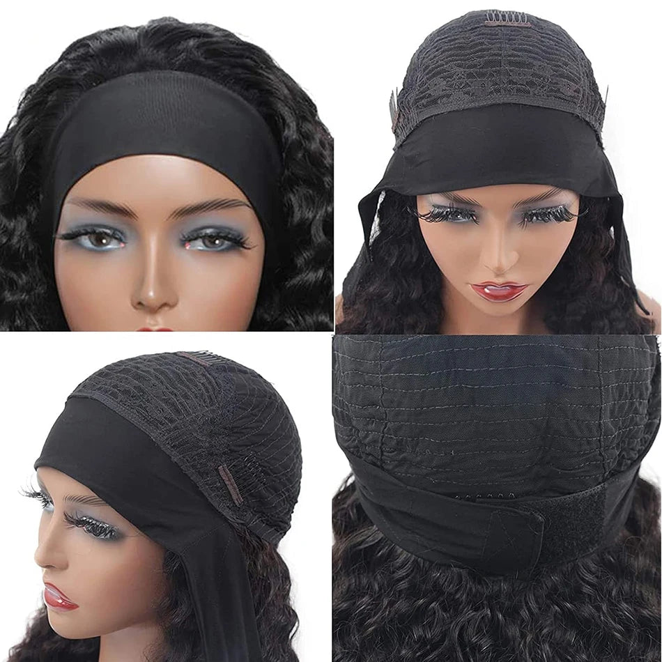 Jerry Curly Headband Human Hair Wig Brazilian Virgin Hair Perfect Natural Afro Look No Lace Needed 250% Scarf Machine Made Wig